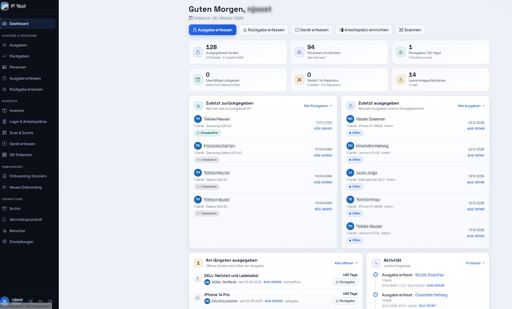 Inventarverwaltung mit Gerätebestand, Ausgaben, Rückgaben und Onboarding-Funktionen