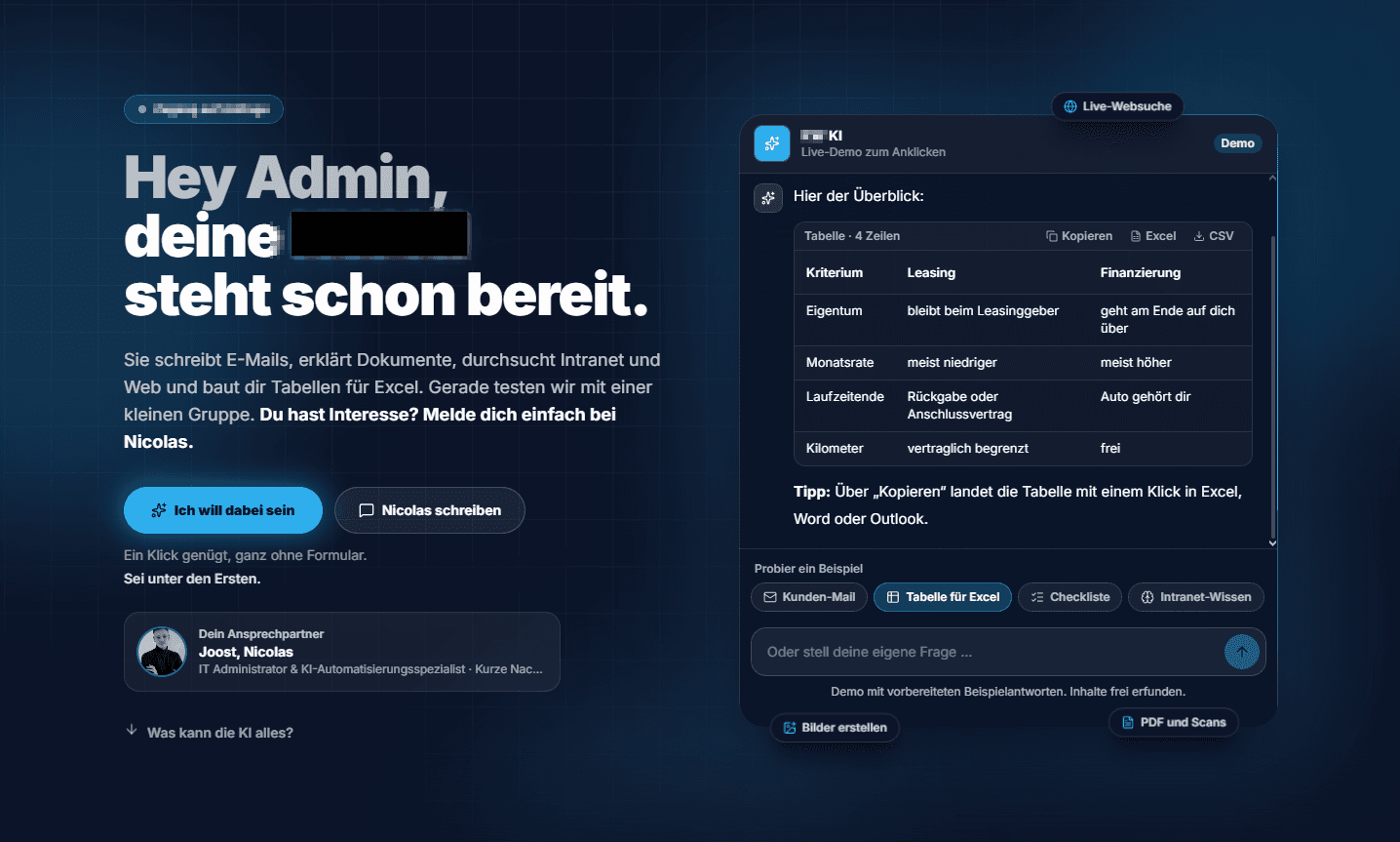 Interne KI-Plattform mit Wissensassistent, Dokumentenfunktionen und einer Beispieltabelle
